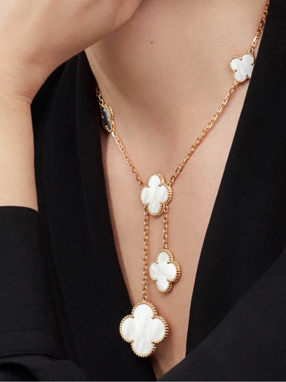 Alhambra inspired Luxury Gold Clover Mother-of-Pearl Station Necklace - White - Picture 10 of 10
